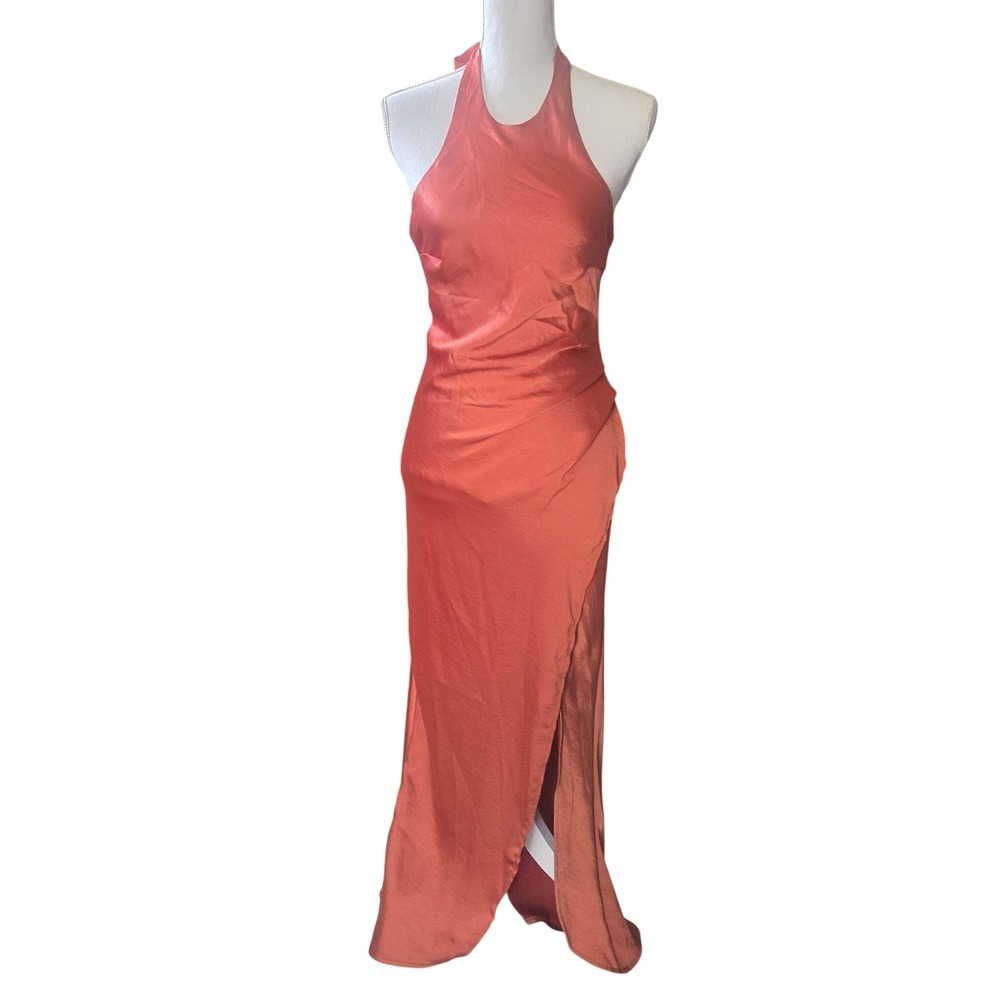 Half Island Rust Orange Halter Maxi Dress Satin Open Back High Slit XS Formal